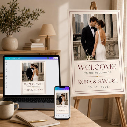 Minimalist Modern Wedding Welcome Sign with Photo — welcome sign you personalize in Canva