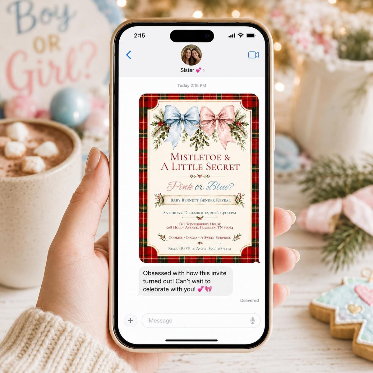 Mistletoe and a Little Secret Christmas Gender Reveal Invitation in cream green