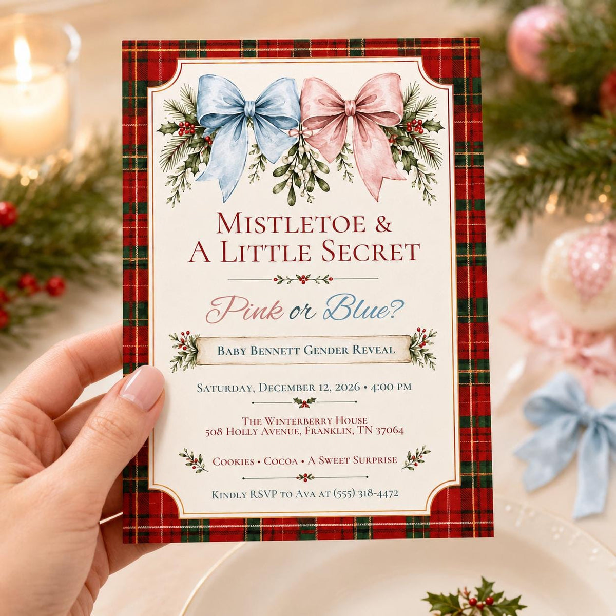 Mistletoe and a Little Secret Christmas Gender Reveal Invitation — bow design