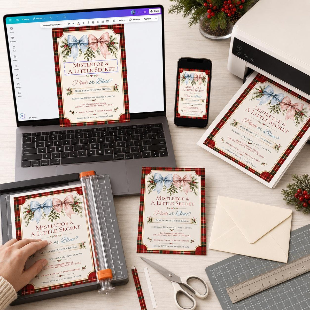 Mistletoe and a Little Secret Christmas Gender Reveal Invitation — invitation you personalize in Canva