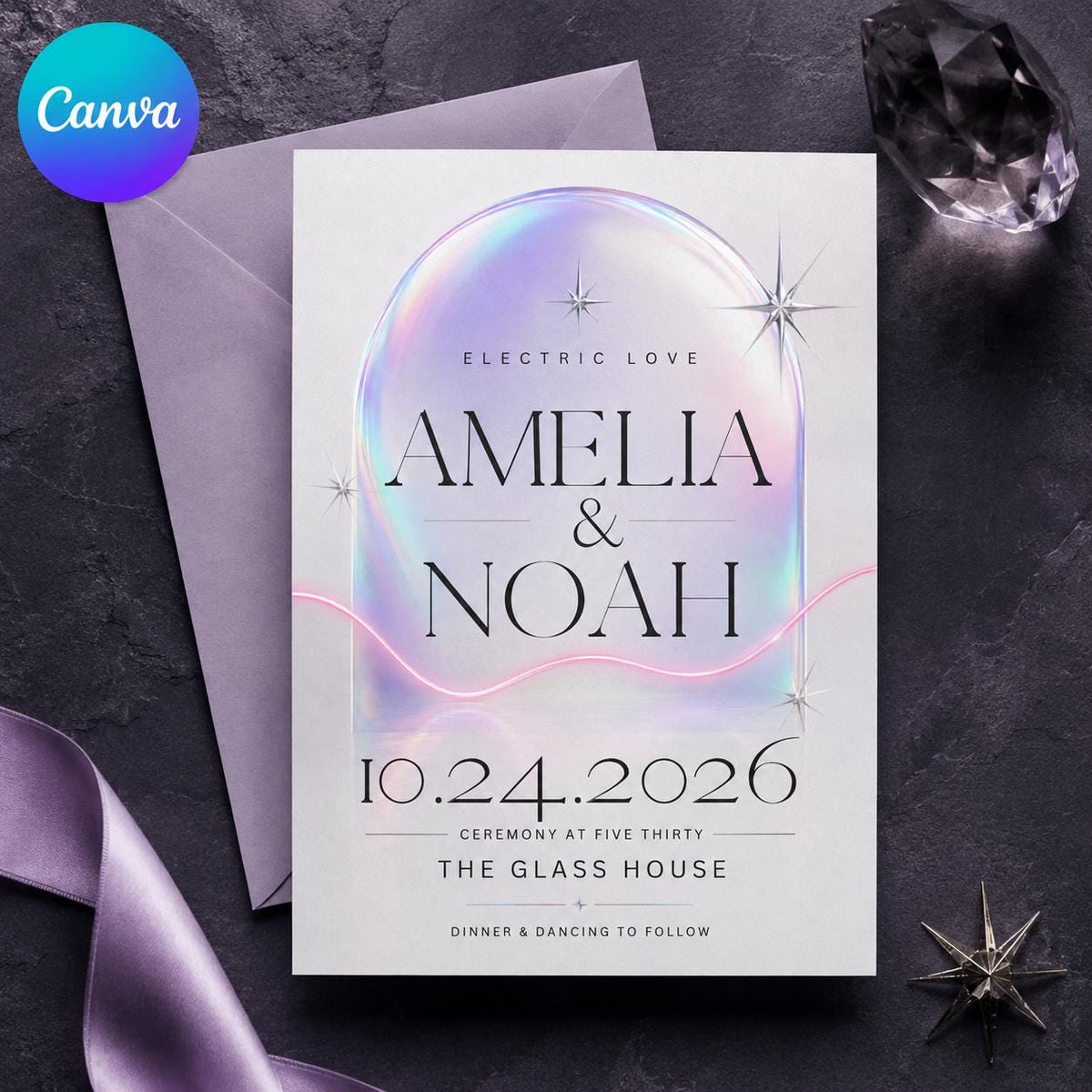 Modern Celestial Wedding Invitation — editable Canva template
