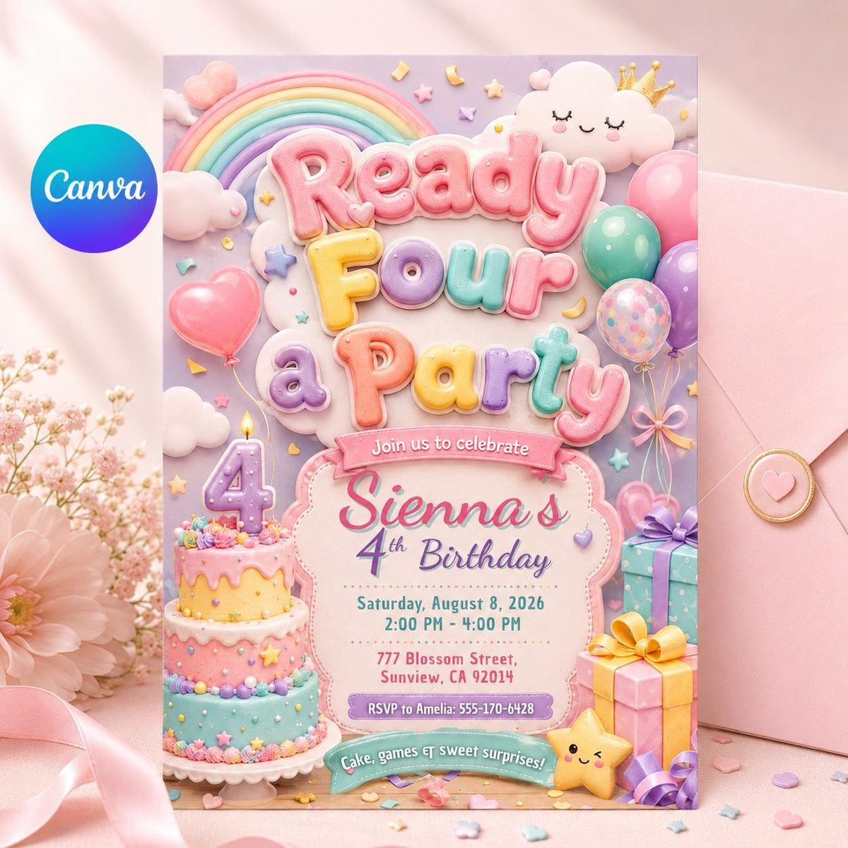 Modern Colorful 4th Birthday Invitation — editable Canva template