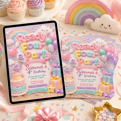 Modern Colorful 4th Birthday Invitation — print-ready 4th birthday party design from VoltBy