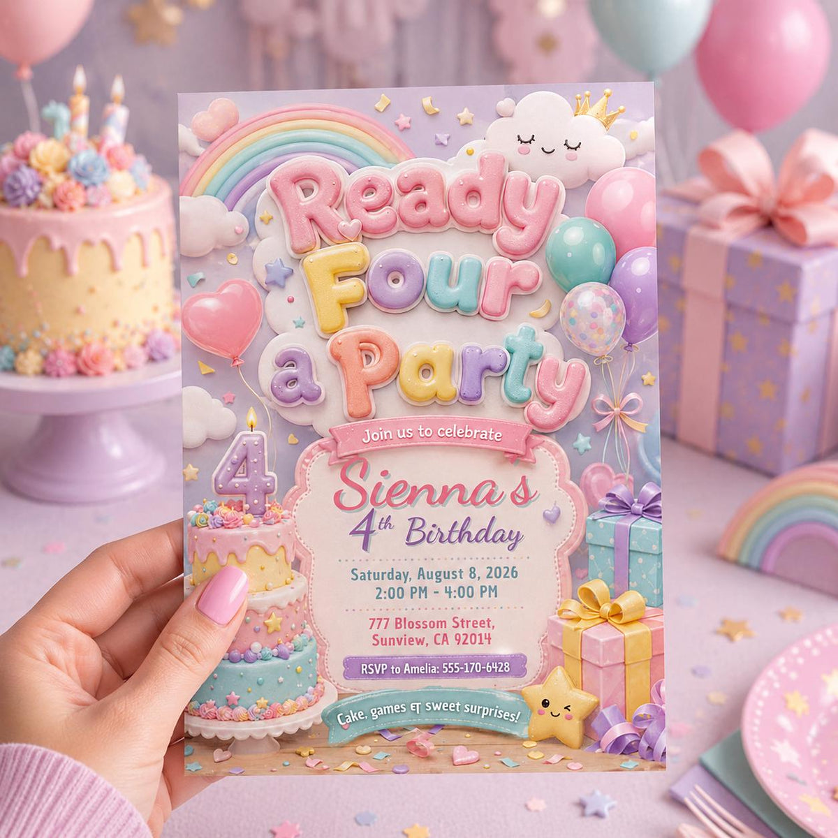 Modern Colorful 4th Birthday Invitation — digital invitation, instant download