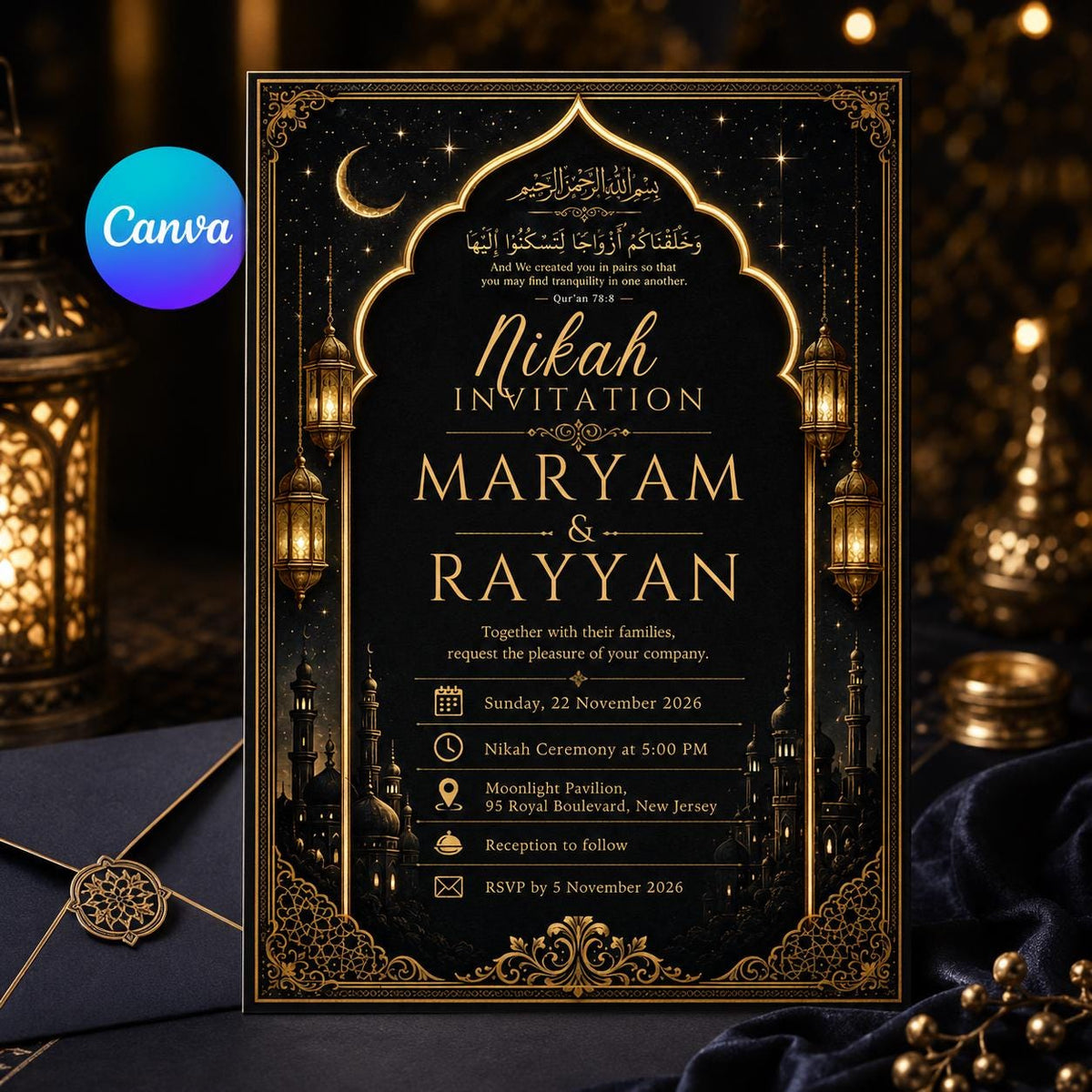 Modern Elegant Black Gold Nikah Invitation — editable Canva template