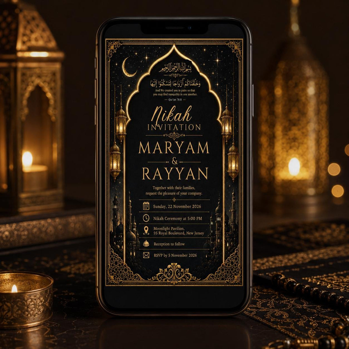 Modern Elegant Black Gold Nikah Invitation — invitation you personalize in Canva