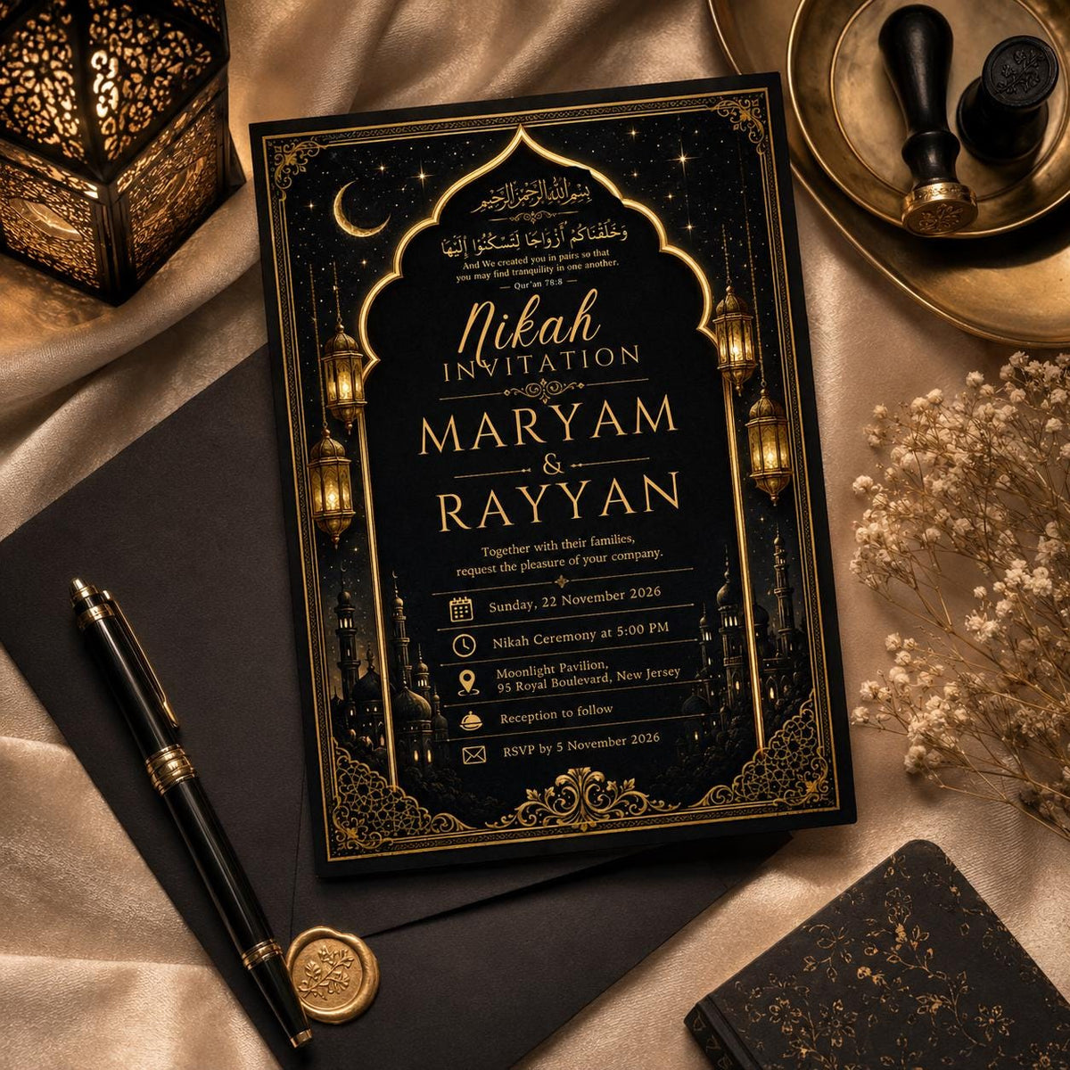 Modern Elegant Black Gold Nikah Invitation — print-ready nikah ceremony design from VoltBy