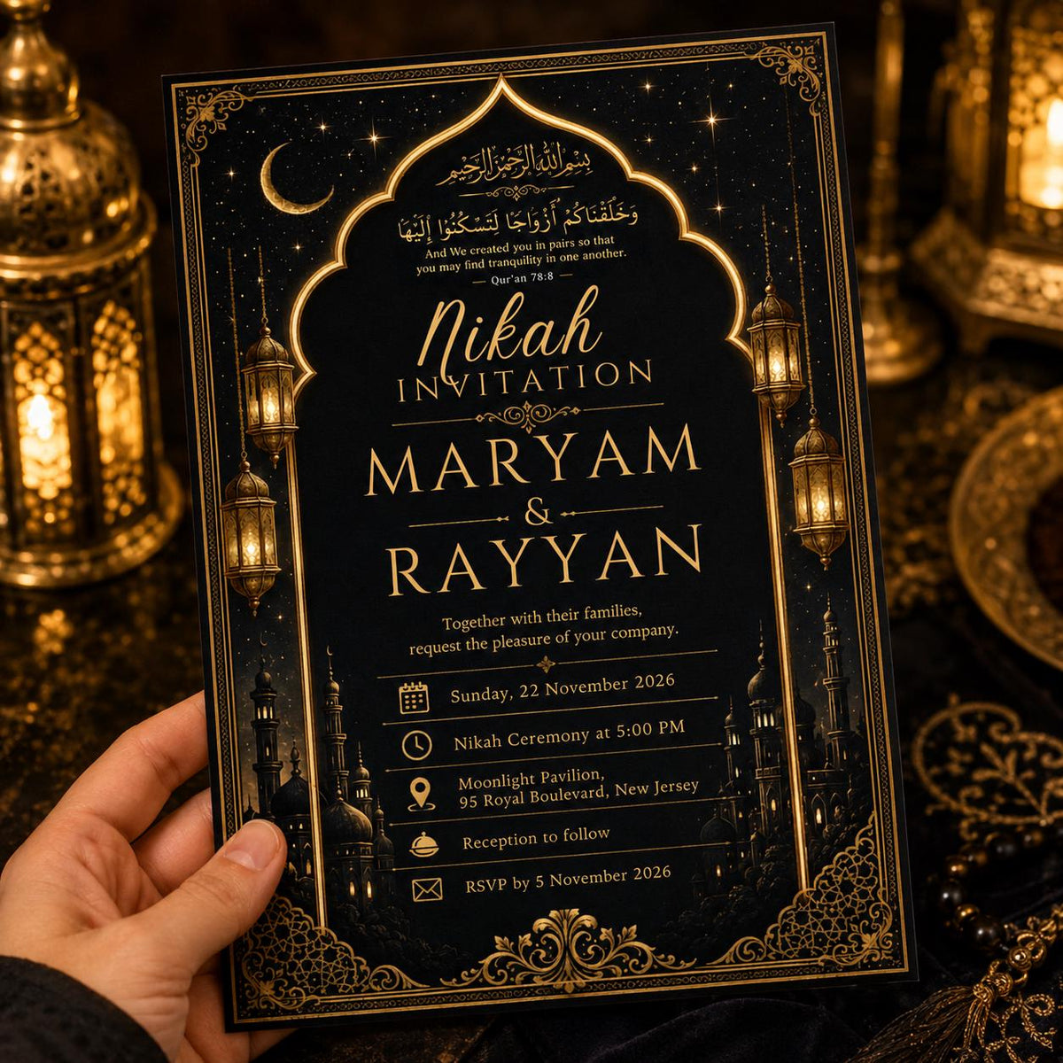Modern Elegant Black Gold Nikah Invitation — digital invitation, instant download