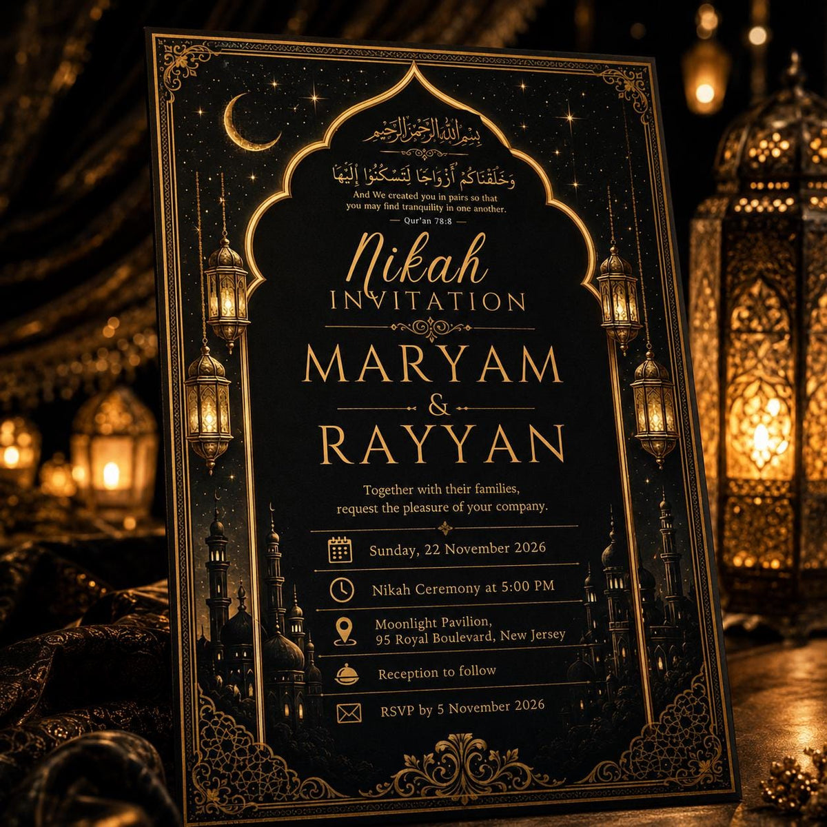 Modern Elegant Black Gold Nikah Invitation — nikah ceremony stationery by VoltBy