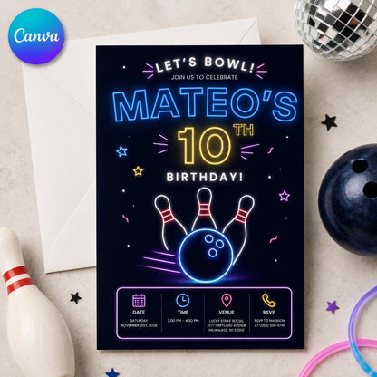 Modern Neon Bowling 10th Birthday Invitation — editable Canva template
