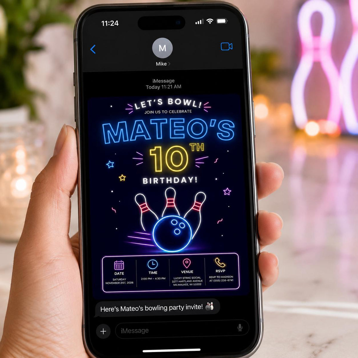 Modern Neon Bowling 10th Birthday Invitation — invitation you personalize in Canva