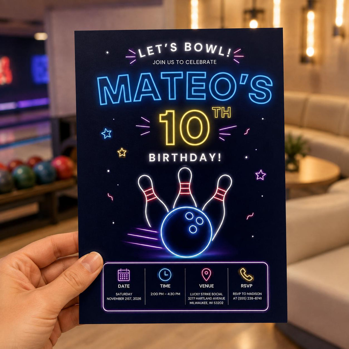 Modern Neon Bowling 10th Birthday Invitation — print-ready 10th birthday party design from VoltBy
