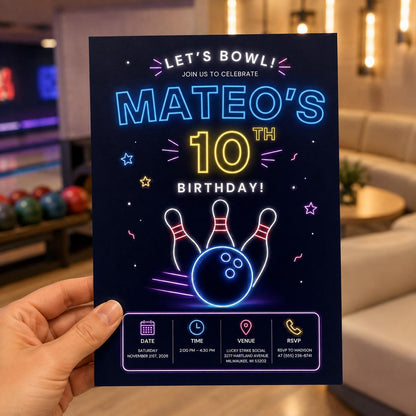 Modern Neon Bowling 10th Birthday Invitation — print-ready 10th birthday party design from VoltBy