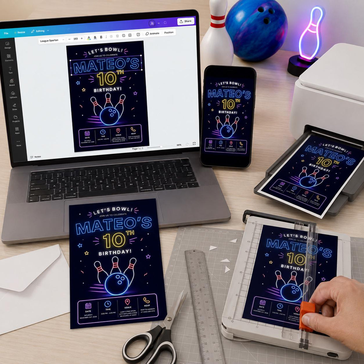 Modern Neon Bowling 10th Birthday Invitation — digital invitation, instant download