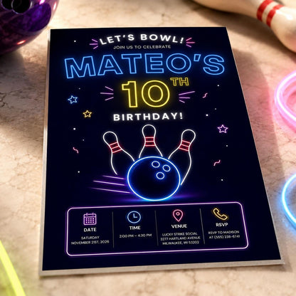 Modern Neon Bowling 10th Birthday Invitation — 10th birthday party stationery by VoltBy