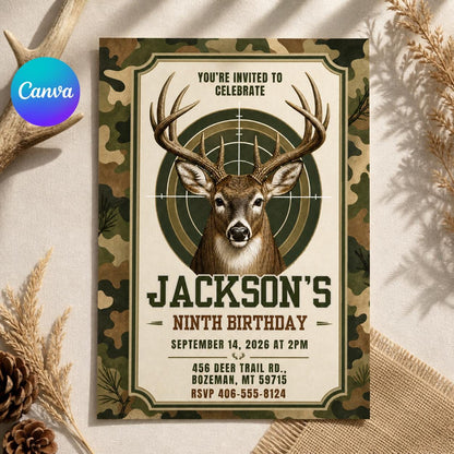 Modern Rustic Deer Hunting Birthday Invitation — editable Canva template