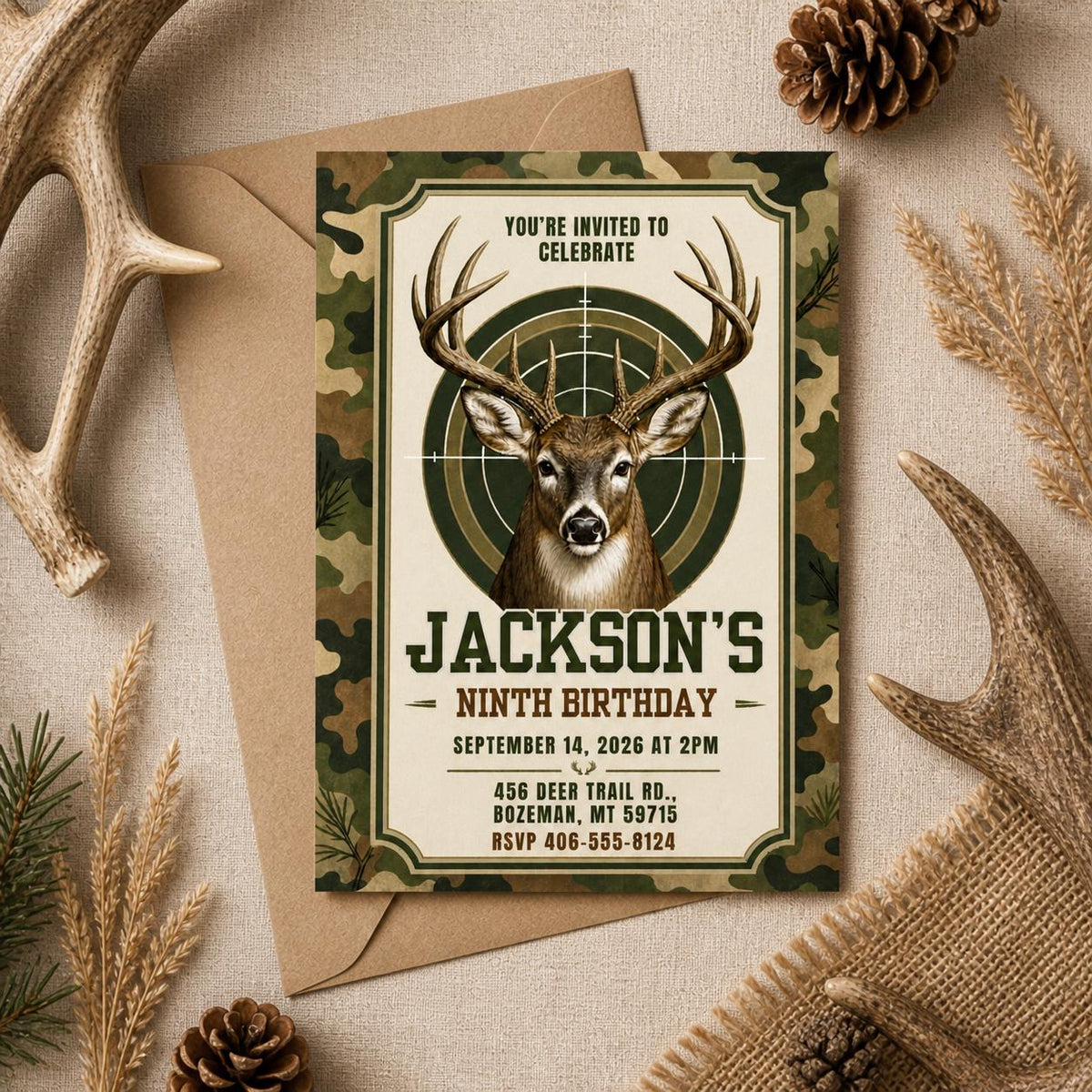 Modern Rustic Deer Hunting Birthday Invitation — woodland design