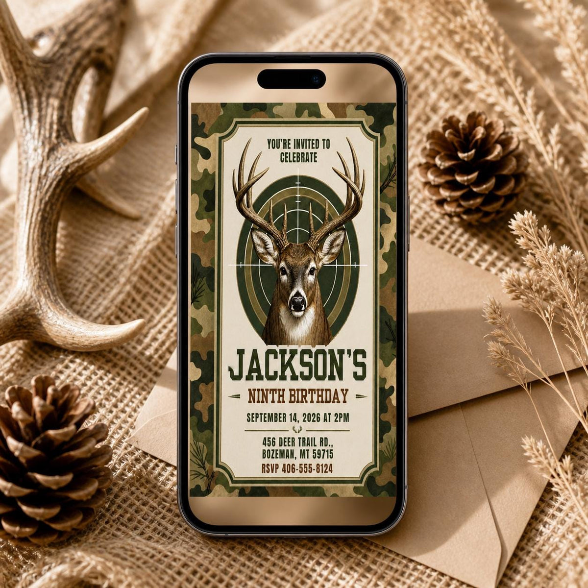 Modern Rustic Deer Hunting Birthday Invitation — invitation you personalize in Canva