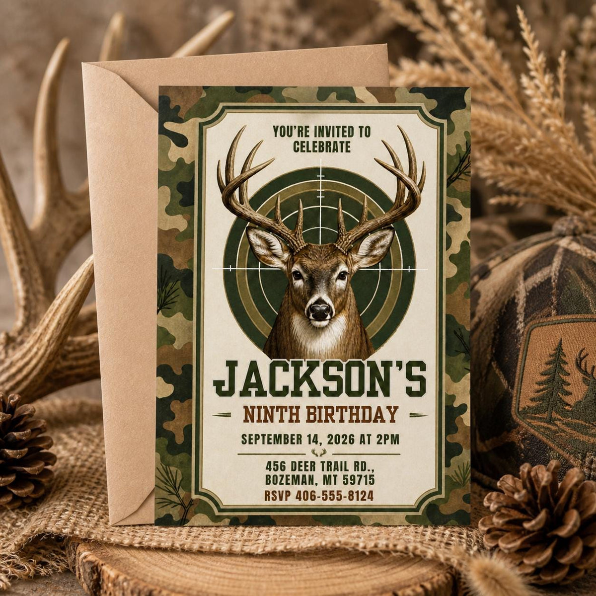 Modern Rustic Deer Hunting Birthday Invitation — print-ready birthday party design from VoltBy