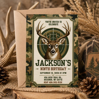 Modern Rustic Deer Hunting Birthday Invitation — print-ready birthday party design from VoltBy