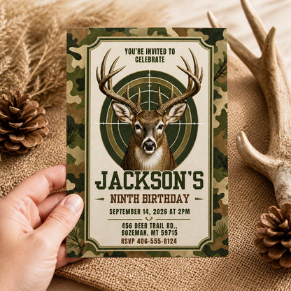Modern Rustic Deer Hunting Birthday Invitation — digital invitation, instant download