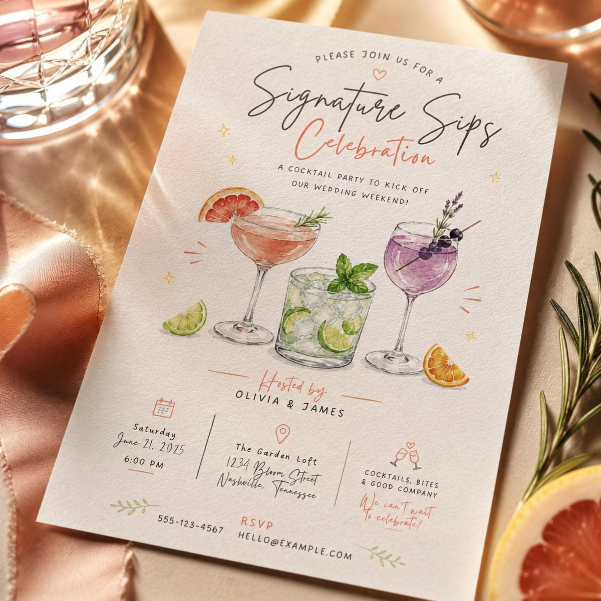 Modern Signature Sips Cocktail Party Invitation — invitation you personalize in Canva