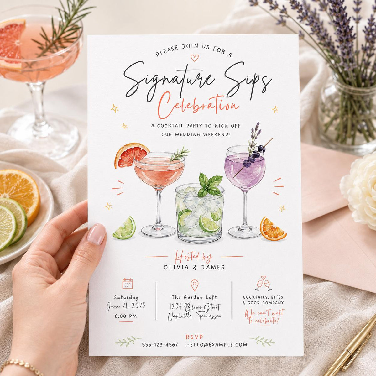 Modern Signature Sips Cocktail Party Invitation — digital invitation, instant download