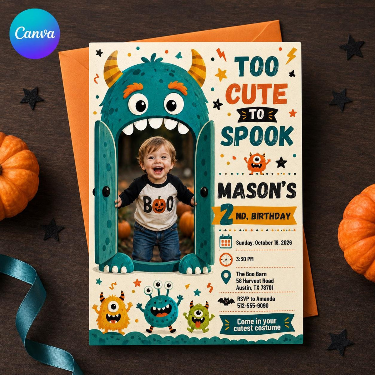 Monster Halloween 2nd Birthday Invitation — editable Canva template