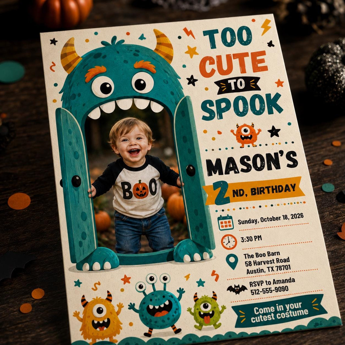 Monster Halloween 2nd Birthday Invitation — invitation you personalize in Canva