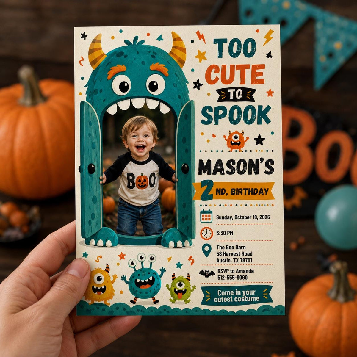 Monster Halloween 2nd Birthday Invitation — print-ready 2nd birthday party design from VoltBy