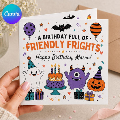 Monster Halloween Birthday Greeting Card for Kids — editable Canva template