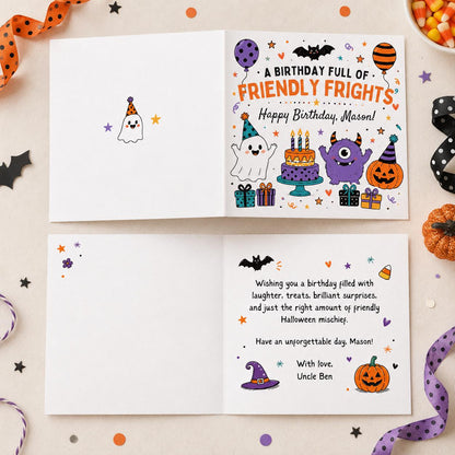 Monster Halloween Birthday Greeting Card for Kids — print-ready birthday party design from VoltBy