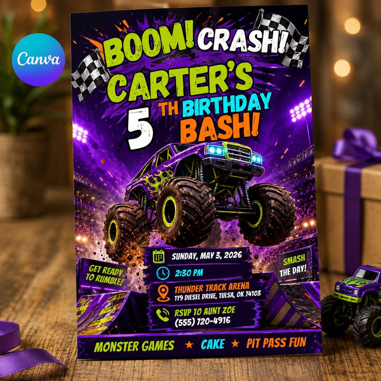 Monster Truck 5th Birthday Invitation: 5th Boy Racing Arena Party