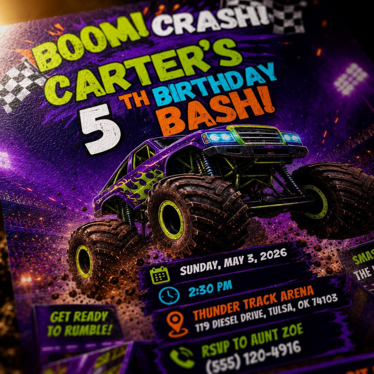 Monster Truck 5th Birthday Invitation: 5th Boy Racing Arena Party — race car design