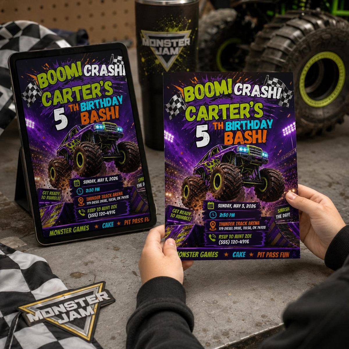Monster Truck 5th Birthday Invitation: 5th Boy Racing Arena Party — invitation you personalize in Canva