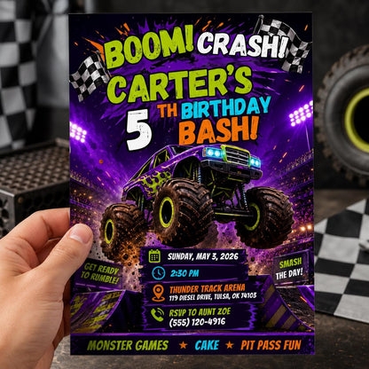 Monster Truck 5th Birthday Invitation: 5th Boy Racing Arena Party — print-ready 5th birthday party design from VoltBy