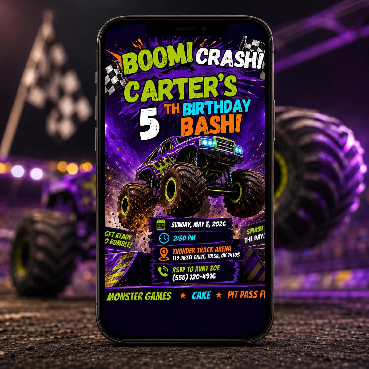 Monster Truck 5th Birthday Invitation: 5th Boy Racing Arena Party — digital invitation, instant download