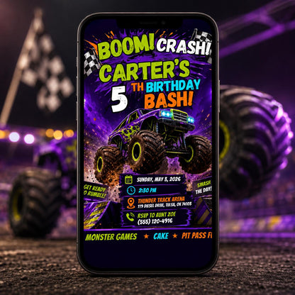 Monster Truck 5th Birthday Invitation: 5th Boy Racing Arena Party — digital invitation, instant download