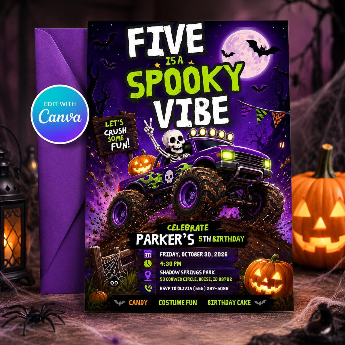 Monster Truck 5th Birthday Invitation: Spooky Halloween 5th Birthday Boy — editable Canva template