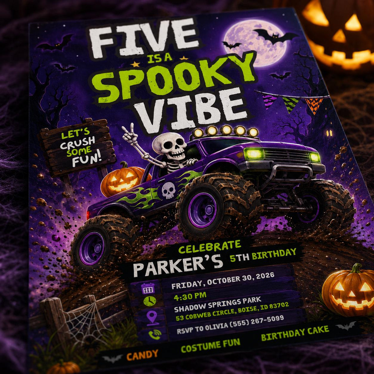 Monster Truck 5th Birthday Invitation: Spooky Halloween 5th Birthday Boy — invitation you personalize in Canva