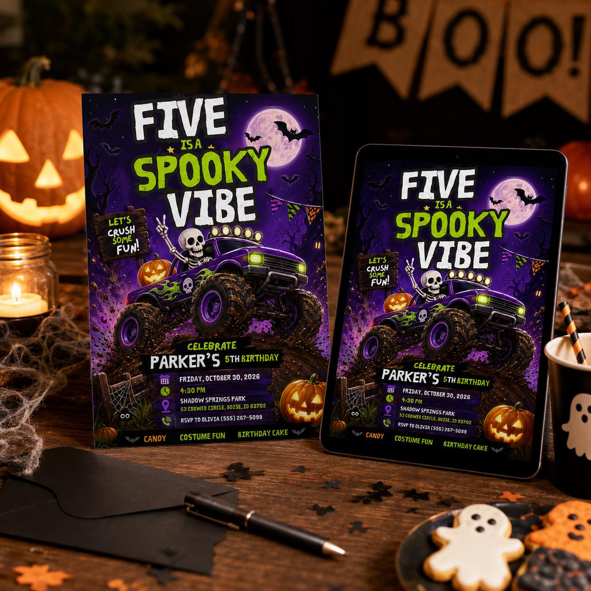 Monster Truck 5th Birthday Invitation: Spooky Halloween 5th Birthday Boy — print-ready 5th birthday party design from VoltBy