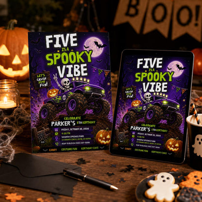 Monster Truck 5th Birthday Invitation: Spooky Halloween 5th Birthday Boy — print-ready 5th birthday party design from VoltBy