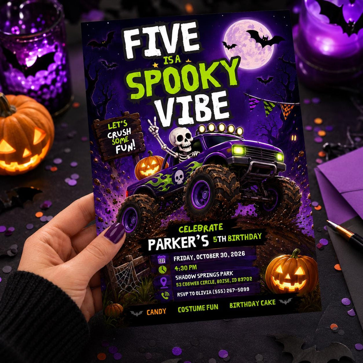 Monster Truck 5th Birthday Invitation: Spooky Halloween 5th Birthday Boy — digital invitation, instant download