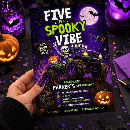 Monster Truck 5th Birthday Invitation: Spooky Halloween 5th Birthday Boy — digital invitation, instant download
