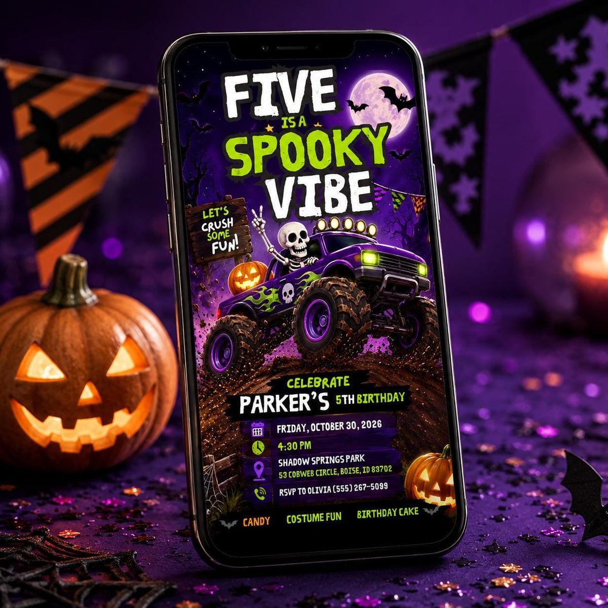 Monster Truck 5th Birthday Invitation: Spooky Halloween 5th Birthday Boy — 5th birthday party stationery by VoltBy