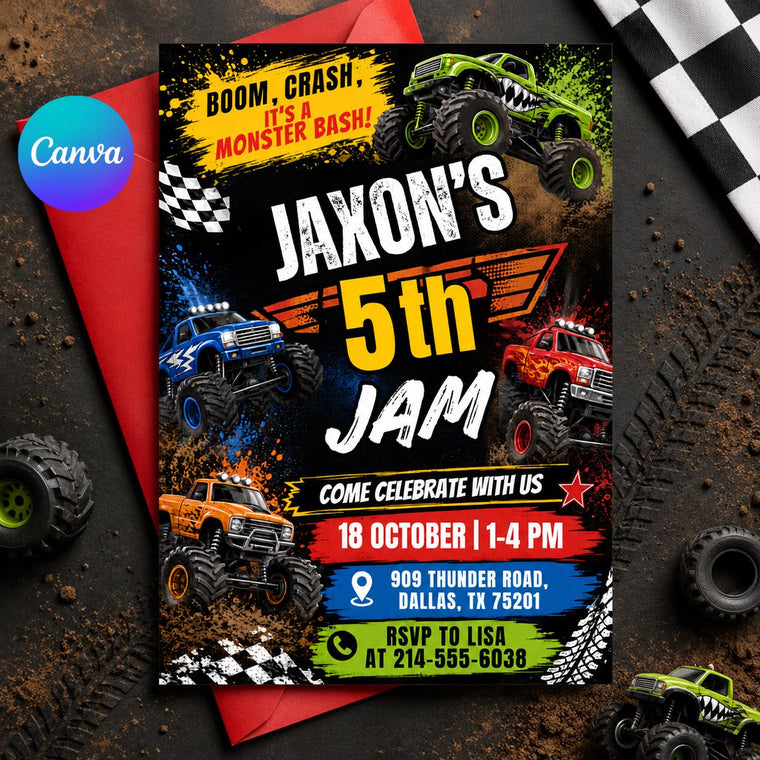 Monster Truck 5th Birthday Jam Invitation with Checkered Flags