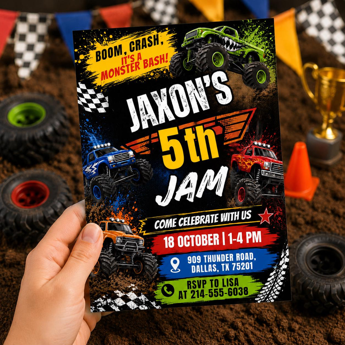 Monster Truck 5th Birthday Jam Invitation with Checkered Flags in black and blue