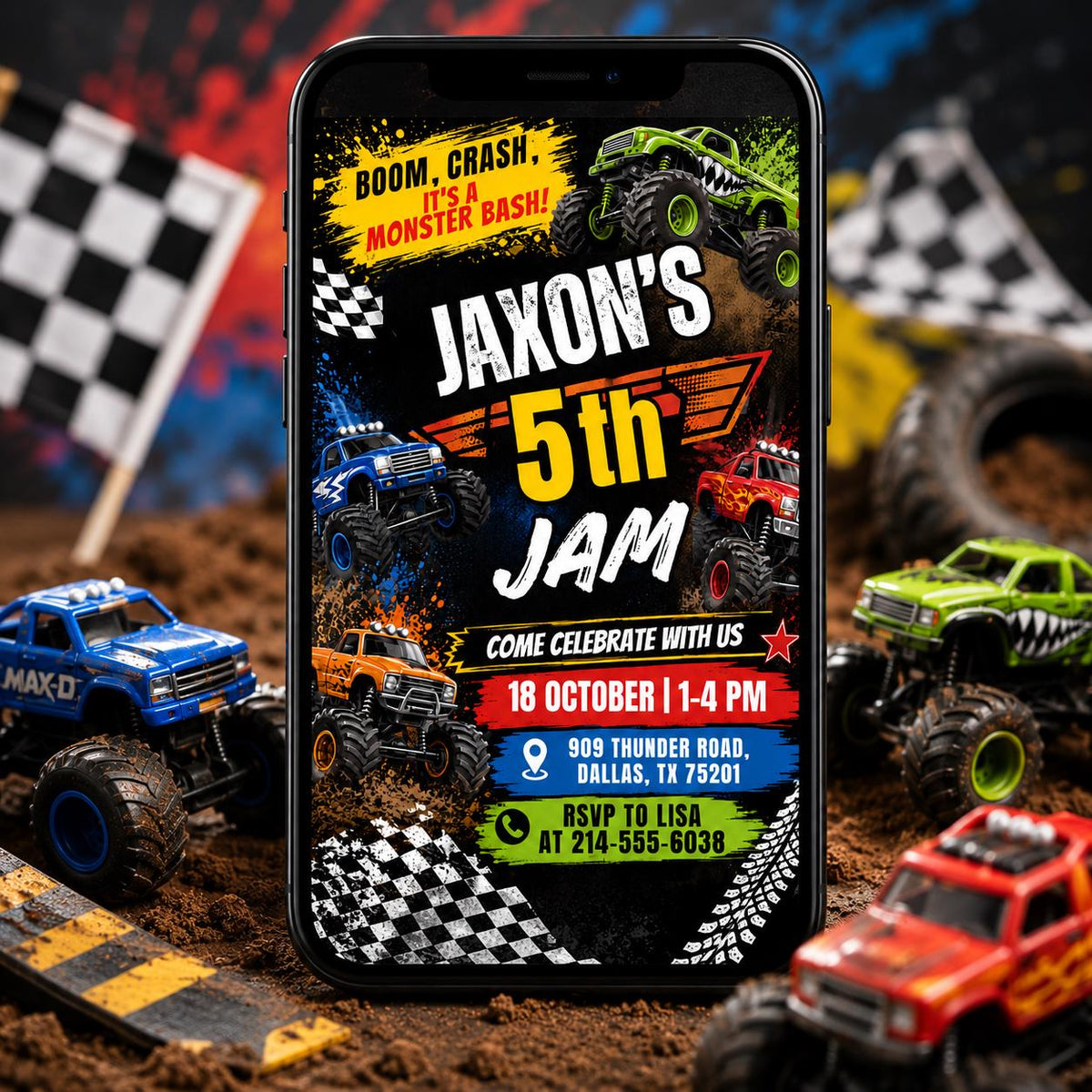 Monster Truck 5th Birthday Jam Invitation with Checkered Flags — music design