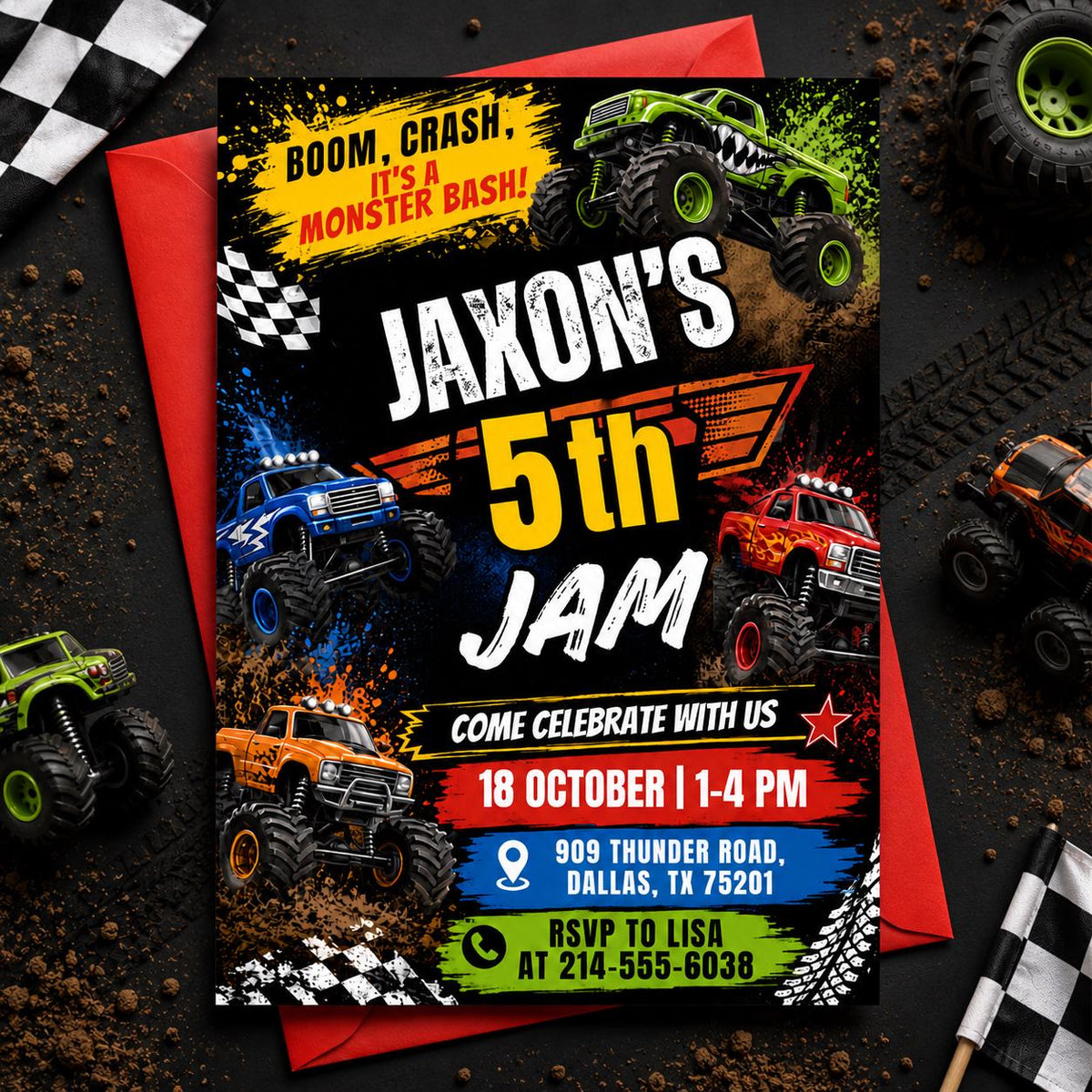 Monster Truck 5th Birthday Jam Invitation with Checkered Flags — invitation you personalize in Canva