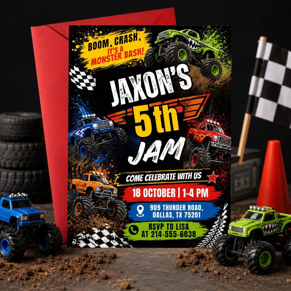 Monster Truck 5th Birthday Jam Invitation with Checkered Flags — music artwork in black and blue
